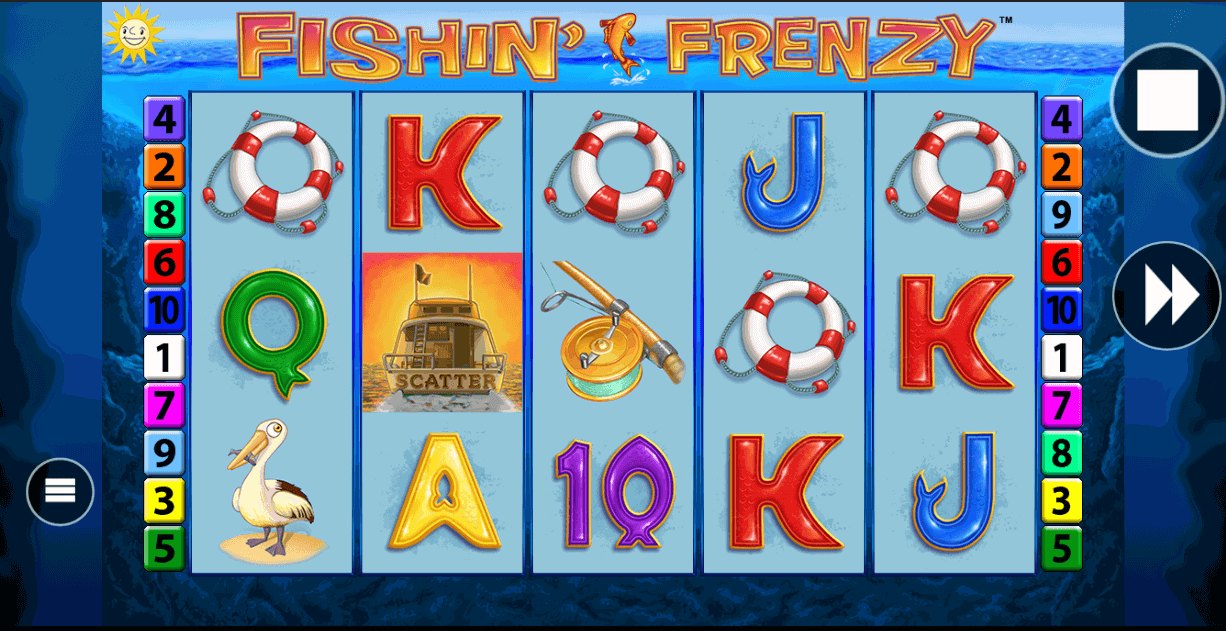 Fishin' Frenzy gameplay with coloured paylines and a Boat scatter glowing gold in the centre